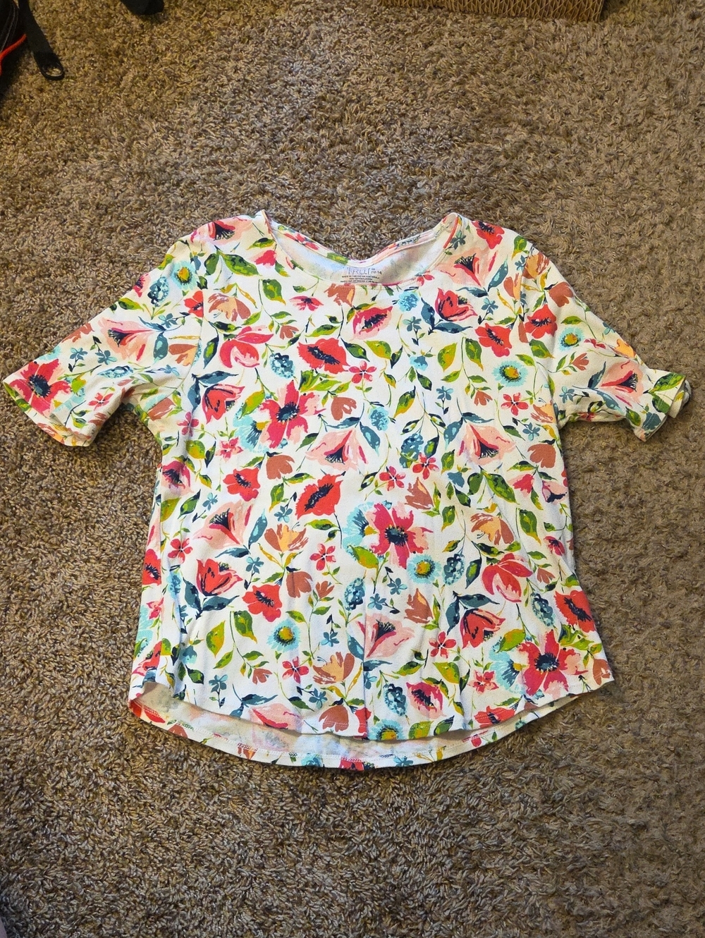 Time and Tru White Short-Sleeve Floral Tee with Pink & Green Accents